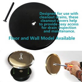 7" Black Decorative Cleanout Access Covers Plate, Flat Design Cover and Seals CO2530-SS7 For Back Deck Drains and Plug Hole with Large Center Securing Screw, Stainless Steel, Round