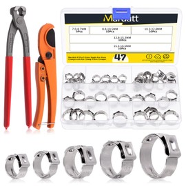Mardatt 47Pcs Single Ear Stepless Hose Clamps with Ear Clamp Pincer Pliers Crimper Tool & PEX Pipe Cutter, 7mm to 18.5mm 304 Stainless Steel Hose Assortment Kit for Automotive Plumbing Use