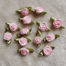 25 Pcs Pink Mini Rose Satin Ribbon Appliques Rose Buds Accessories Sewing Craft Decorative, Trim and Embellishments, Ribbons (25mm*15mm)
