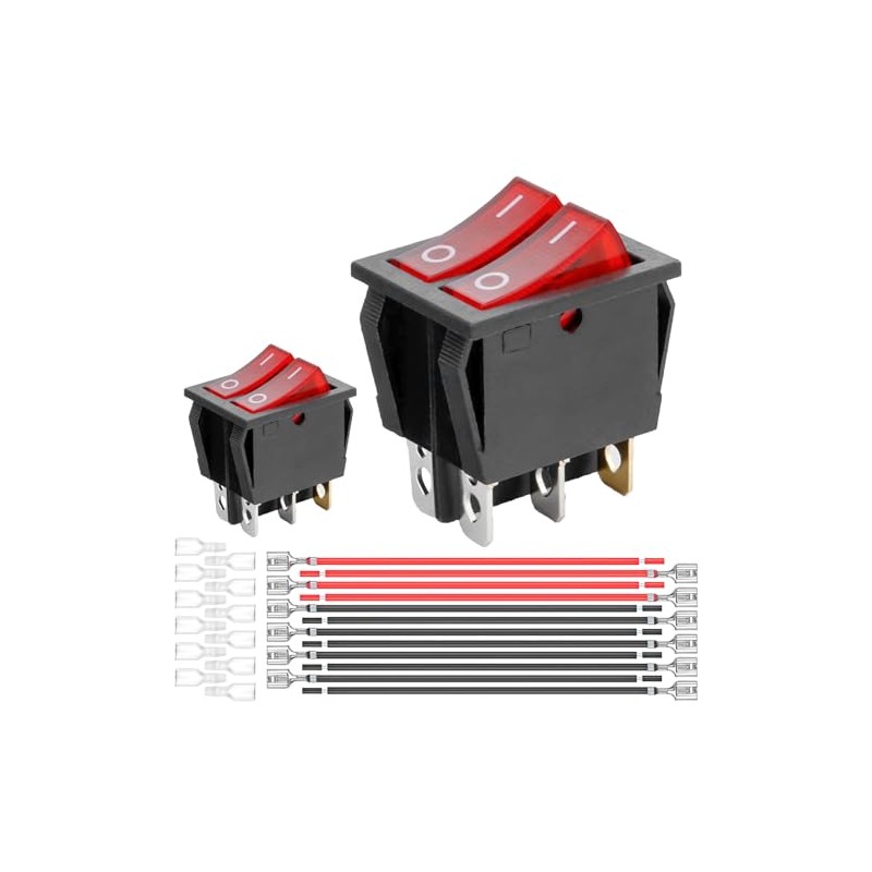 2-Pack Rocker Toggle Switch with Red Light and Wire, ON/Off