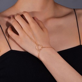 Xmsrn Vintage Circle Finger Ring Bracelet Gold Circle Hoop Chain Slave Bracelet Hand Chain Boho Wrist Chain Bracelet Gold Slave Hand Chain Bracelet For Women, Zinc, No gemstone