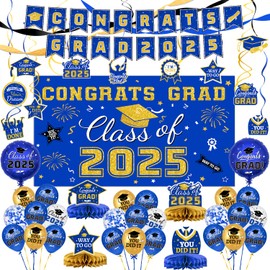 Graduation Decorations 2025 - Blue and Gold Graduation Decorations Set Congrats Grad Banner & Backdrop, Hanging Swirl, Balloons, Honeycomb Centerpieces for Congrats Grad Party Decorations