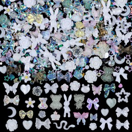 Kikonoke 100 Pieces 3D Resin Butterfly Bear Nail Charms Rose Flower Peach Skirt Bow Deer Snake Rabbit Animal Shaped Nail Art Rhinestones Pearls for DIY Nail Art Decoration Making Craft (White)