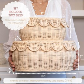 Palonona - Set of 2 Natural Rattan Storage Baskets with Scalloped Lids – Medium & Small Sizes – Handwoven Braided Edge Detail – Boho Accent Decor for Countertops, Shelves, Home Organization & Gifting.