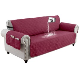 QQJIN 100% Waterproof Sofa Cover 3 Seater, Non-Slip Sofa Slipcover with 6 Side Pocket, Washable Settee Cover with Adjustable Elastic Strap for Kids, Dogs,Red,3 Seater