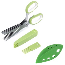 4 Pcs Green Herb Shears Stainless Steel Herb Scissors with 5 Blades and Cover, Herb Cutting Scissors for Coriander, Lettuce, Onion, Mint (1)