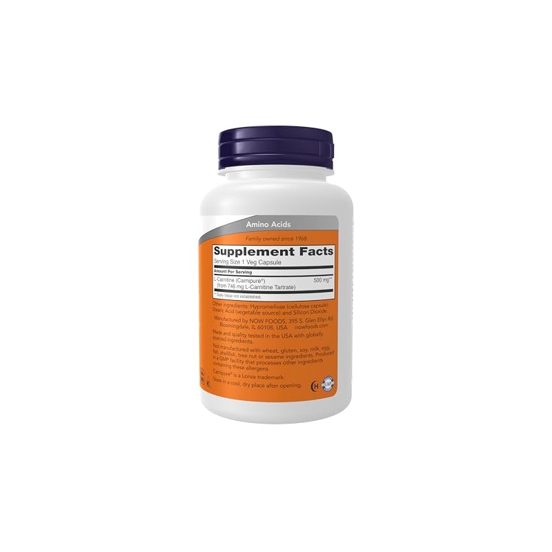 NOW L-Carnitine 500mg, 180 Veg Capsules
