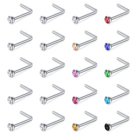Crdifu 20pcs Small Nose Studs 22G 0.6mm L Shaped Tiny Nose Bars Piercing Stainless Steel with Crystal