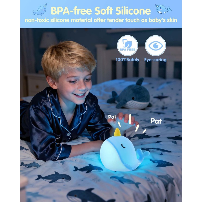 Fuloon Narwhal Night Light with Whale Shape, Squishy Silicone Kids