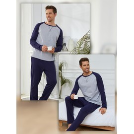 Reliwel Mens Pajamas Set Cotton Pjs for Men Sleepwear Long Sleeve & Pajama Pants Soft 2 Piece Sets with Pockets Navy Blue