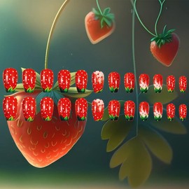 24Pcs Strawberry Press on Nails Glossy Red Medium Coffin False Nail Fruit Acrylic Full Cover Fake Nails Green Leaves Gel Glue on Fingernails French Tips Stick on Nail for Holiday Manicure Art