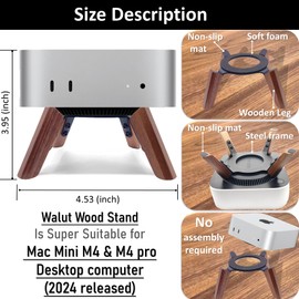 Real Wood Stand for Mac mini M4 / Mini M4 Pro 2024,Secure Durable Ventilation Heat Dissipation Cooling Desktop Holder Accessories, Non-Slip Wooden Tripod Table Mount (Walnut)