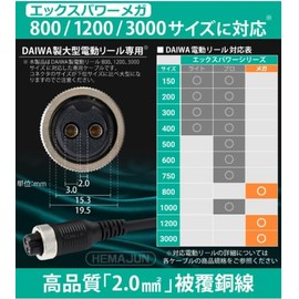 Shimano Daiwa Electric Reel Power Cord Cable (Daiwa 2 Holes, 6.6 ft (2 m), Large Terminal