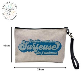 Tasche aus Leinen – zertifiziert Beste Kollegin Familie Mama Party Feier Idee – Kosmetiktasche aus Leinen in Leinenoptik – Kulturbeutel – Geldbörse, Surferin, 23.5 x 15 cm, Kosmetiktasche