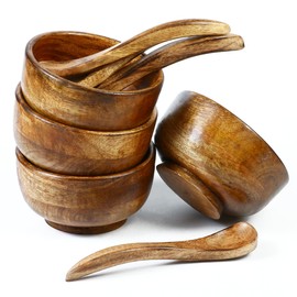 Crocon Small Wood Bowl, Wooden Bowls With Spoon Set of 4, Rice, Soup, Dip, Salad, Salt & Condiments, Handmade Wooden Kitchen Mini Serving Cups Bowls, Tableware Side Dish Set- 5 Inch Bowl