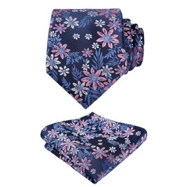 Alizeal Mens Floral Tie with Pocket Square Fashion Elegant Wedding Business Necktie Set, Navy+Pink+White