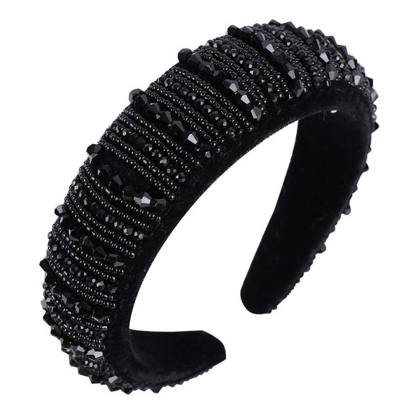 OAOLEER Velvet Padded Diamond Rhinestone Big Headband for Women Black Crystal Embellished Hair Hoop Races Goth Wedding Headpiece Fashion Hair Accessory Suit for Wedding,Party,and Daily Life