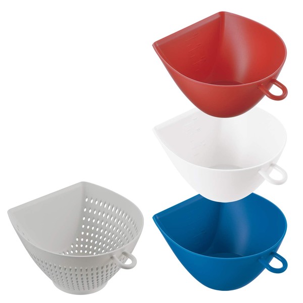 Akebono MZ-3508 1 Colander and 3 Bowl Set, Tricolor, Small, Made in Japan, Quickly move chopped ingredients from the cutting board to prevent spills, Ingredients will not overflow even when placed under running water, with gradations, with a hook for han