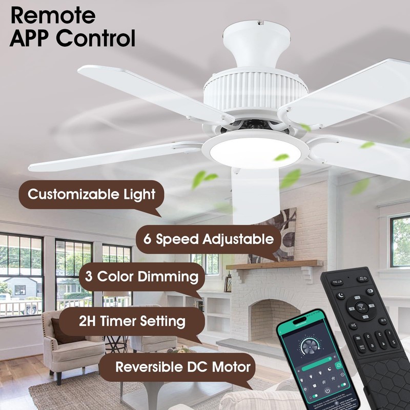 Surtime 44In Flush Mount Ceiling Fans with Lights and APP&Remote