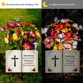 VKEVOC Solar Bible Cross Memorial Stake - Metal Silhouette Religious Grave Decoration for Cemetery - Flat Christian Cross Stake with Butterfly Lights - Cemetery Flower Decor for Grave, Sympathy Gift