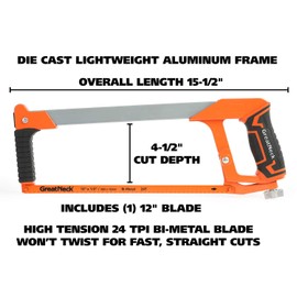Great Neck 74006 12 Inch High Tension Hacksaw, TPI Bi-Material Blade, High Tension Tool, Adjustable-Angle Design, 90-Degree Straight Cut and 45-Degree Flush Cut