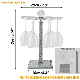 Crystal Wine Glass Holder, 14"H Desktop Rotate Glass Stemware Rack, Crushed Diamond Home Decor, 6 Hook Countertop Wine Glass Rack, Cup Drying Storage Holder for Kitchen, Hotel Banquet, Party (Silver)