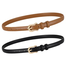 XZQTIVE 2Pack Women Leather Belt for Jeans Pants Fashion Skinny Belt Thin Ladies Basic Belt for Dresses with Gold Buckle,Fits Waist Size37-41"(Black+Brown)