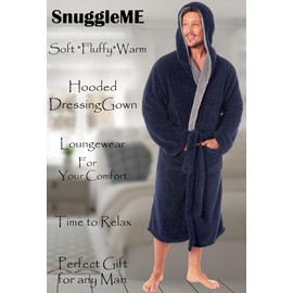 SnuggleME Dressing Gowns for Men | Super Soft Snuggle Hooded Dressing Gown | Men's Warm and Cozy Fleece Nightwear Robe | Gifts for Him NAVY/grey XXL