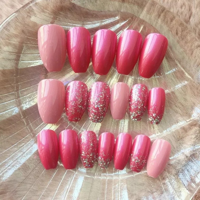Press on nails Uñas Postizas Desmontables De Urgencia Rosas Glitter