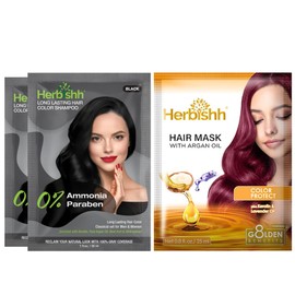 Herbishh Travel Pack Champú de tinte para el cabello en bolsita + 1 bolsa de mascarilla capilar de argán (negro, 2 bolsita)