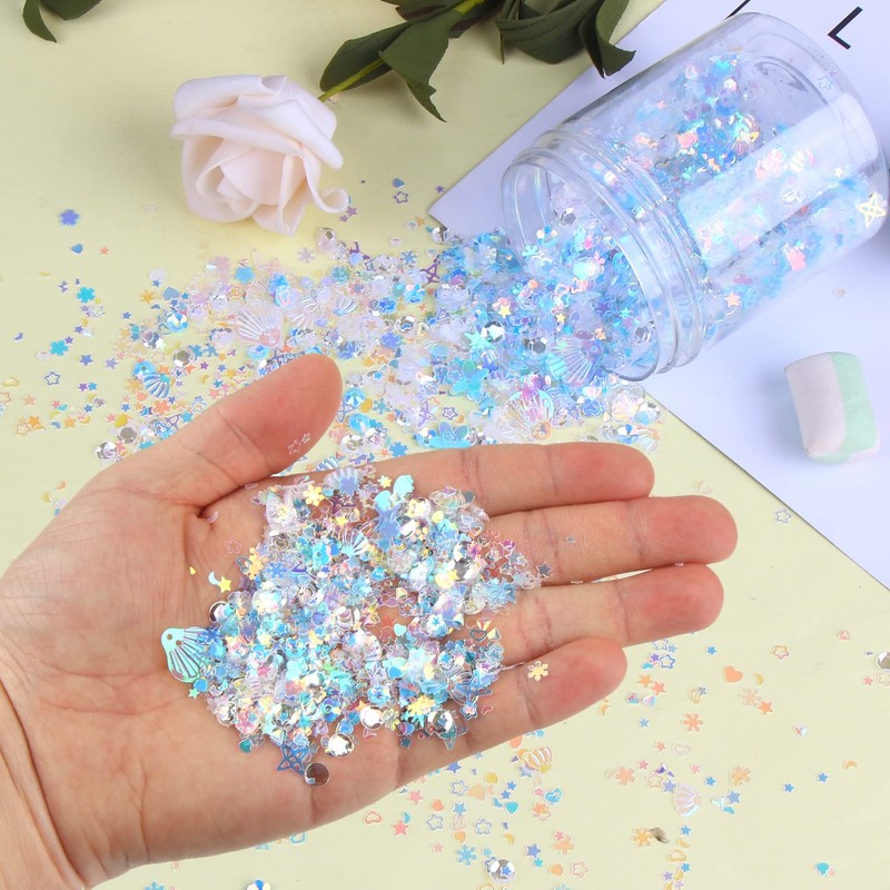 KIMOBER 50 Gram Mixed Craft Sequins and Spangles,Iridescent Blue Assorted