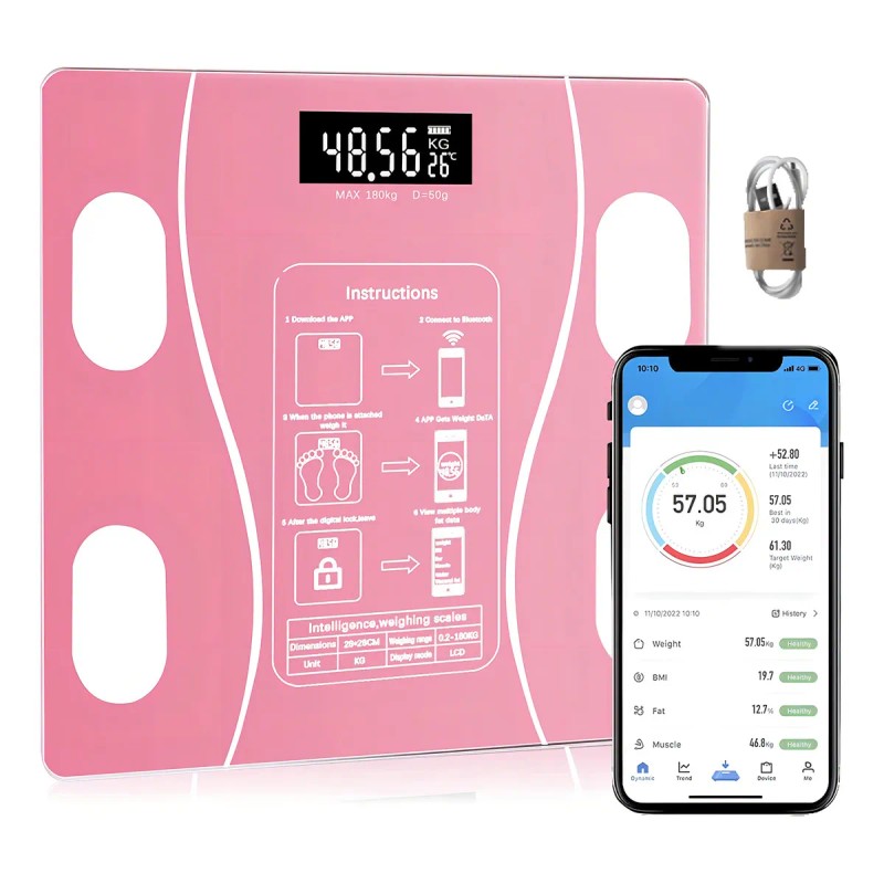 Báscula Inteligente Bluetooth Deylinghs Color Rosa Con App, 180 kg