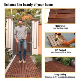 MERITLINE Interlocking Deck Tiles - 30PCS Waterproof Acacia Wood Patio Tiles, Flooring Tiles for Both Indoor and Outdoor - Decking Stripe Pattern, 12 x 12 x 0.75 inches, Dark Brown
