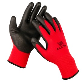 ACKTRA 12 Pairs, Safety Work Gloves Polyurethane (PU) Coated, Red Polyester Black Coating, Ultra-Thin and Light, EN388 3121X, Multipurpose, Unisex, Bulk Pack WG002, Small
