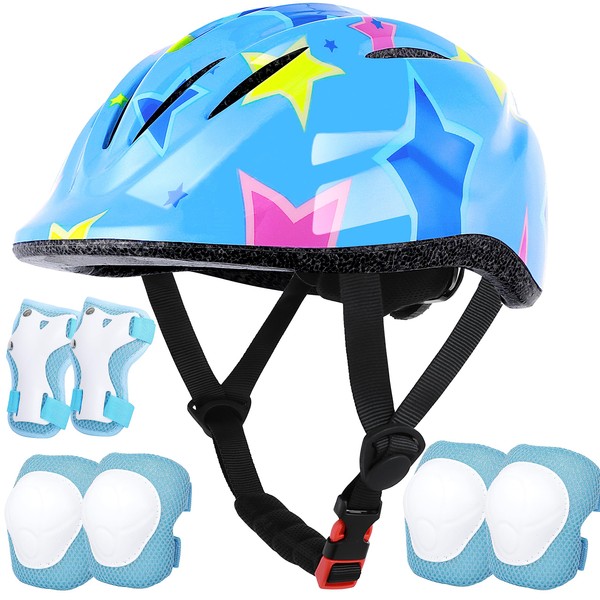 Lamsion Kids Helmet Adjustable with Sports Protective Gear Set Knee Elbow Wrist Pads for Toddler Ages 3 to 8 Years Old Boys Girls Cycling Skating Scooter Helmet-(Blue Star)