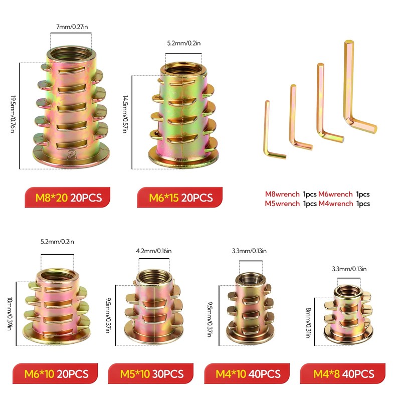 GAGIRA 170PCS Threaded Inserts Nuts Assortment Kit, M4/M5/M6/M8 Threaded Wood