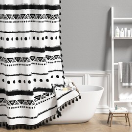 AOFOTO Boho Shower Curtain Black Striped Geometric Pattern Shower Curtains for Bathroom Tassel Bohemian Shower Curtain Modern Bathroom Home Decor with Hooks Waterproof 70x96 Inches