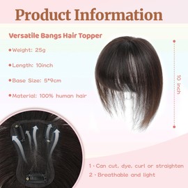 SIVOTATO Human Hair Toppers for Women with Fringe 10 Inch Real HairPieces-360°3D Bangs for Thinning Hair Topper Swiss Base Dark Brown（2#）
