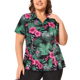 Misyula Style Golf Shirts for Woman Plus Size Polo Short Sleeve Tennis Tops Dry Fit Quarter Zip Pullover UPF 50+ Athletic Casual Holiday Summer Outfits,Tropical Floral,1XL