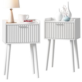 LAATOOREE Nightstand Set of 2, Small Bed Side Table with Fluted Door, End Table with Solid Wood Legs, Mid-Century Bedside Table for Bedroom Small Space