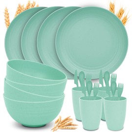 Wheat Straw Dinnerware Sets for 4 - GreenChoice Lightweight & Unbreakable Dishes Microwave & Dishwasher Safe Perfect for Camping, Picnic, RV, Dorm Plates, Cups and Bowls (Green)