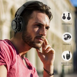 PowerLocus P3 Bluetooth Headphones Over-Ear, [40h Playtime, Bluetooth V5.0] Wireless Headset Hi-Fi Stereo Headphone, Foldable with Mic, Deep Bass, Wired Mode for Cell Phones/Laptop/PC/TV (Black)