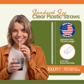Plastic Straws Disposable [1000 Pcs-7.8" Long] Individually Wrapped Clear Drinking Straws- Made in USA - Straight Long Straw for Party, 0.23'' Diameter (2 boxes of 500)