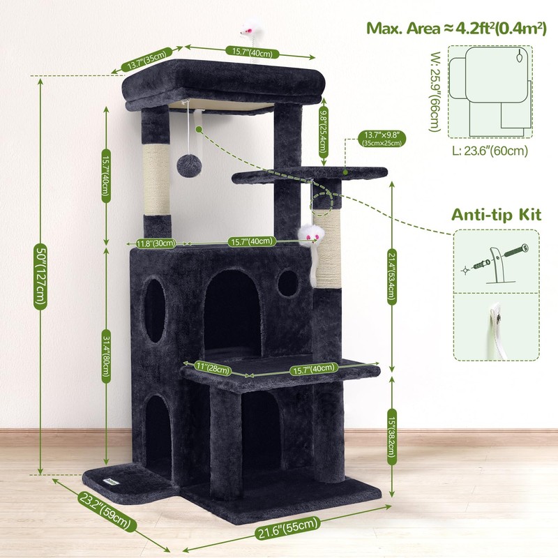 Globlazer Cat Tree Tower for Indoor Cats, 50-inch Adult Cat