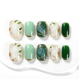 Sun&Beam Nails Handmade Press-on Short Squoval Round Green White Hand-Painted glossy Ombre Design Fashion False Nail Tips 10 Pcs Set (#033 XS)