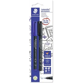 STAEDTLER permanenter Universalstift Lumocolor, wisch- und wasserfest, sekundenschnell trocken, nachfüllbar, Linienbreite 0,6 mm, 2 Marker blau/schwarz auf Blisterkarte, 318 ASBK2D