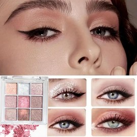9 Colors Glit/ter Eyeshadow Palette,Shimmer Makeup Palette with Nat/ural Waterproof,Natur/al Highly Shimmer Eyeshadow for Women,Pink Eye Make-Up Palettes Women,Shim/mer Waterproof Eyeshadow Palette