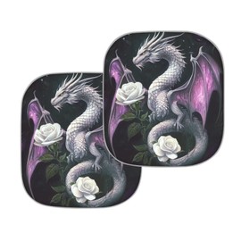 GIFTPUZZ White Dragon Rose Auto Windshield for Cars,Trcusk,Vehicle Decorative for Women Lady Sunshade Protector 2 Pack Interior Accessories Silver Fabric Foldable Front Window Sun Visor Universal