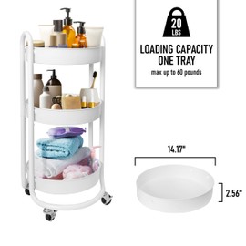 HOMESTEAD Premium White 3-Tier Round Rolling Cart for Small Space Organization - Heavy Duty Metal Cart with Round Trays for Office Organization