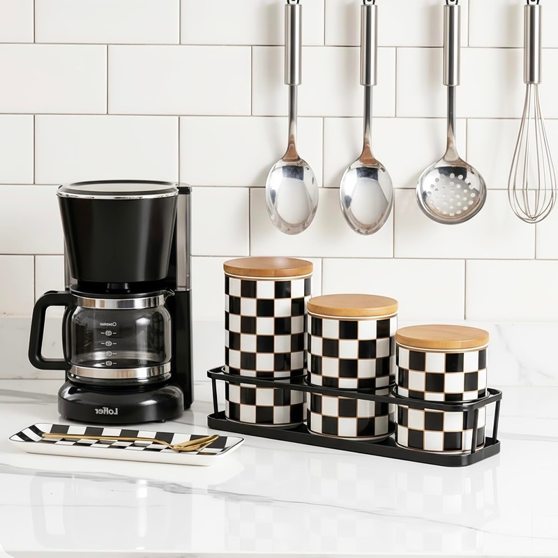 Small Checkered Kitchen Canister Set of 3 with Black Metal